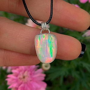 Rose Cut Clear Quartz & Aurora Opal Pendant- Sterling Silver and 14 Karat Rose Gold - Rainbow Opal Necklace - Pastel Fairy Jewellery OOAK