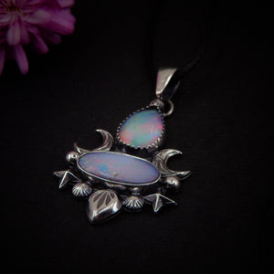 Australian Opal & Rose Cut Clear Quartz with Aurora Opal Pendant- Sterling Silver - Multi Stone Crescent Moon Necklace, Rainbow Opal Jewelry
