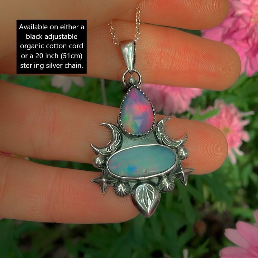 Australian Opal & Rose Cut Clear Quartz with Aurora Opal Pendant- Sterling Silver - Multi Stone Crescent Moon Necklace, Rainbow Opal Jewelry