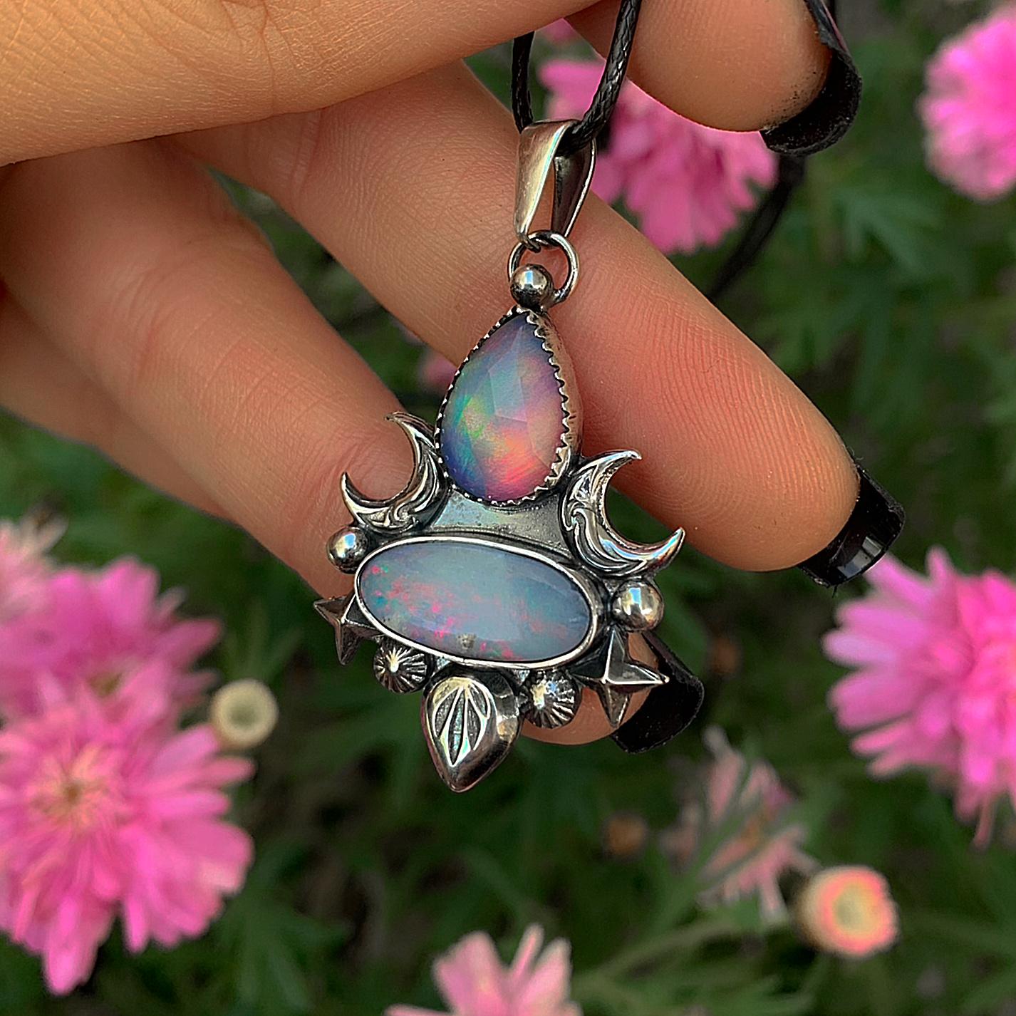 Australian Opal & Rose Cut Clear Quartz with Aurora Opal Pendant- Sterling Silver - Multi Stone Crescent Moon Necklace, Rainbow Opal Jewelry