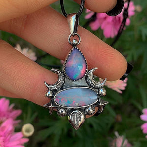 Australian Opal & Rose Cut Clear Quartz with Aurora Opal Pendant- Sterling Silver - Multi Stone Crescent Moon Necklace, Rainbow Opal Jewelry
