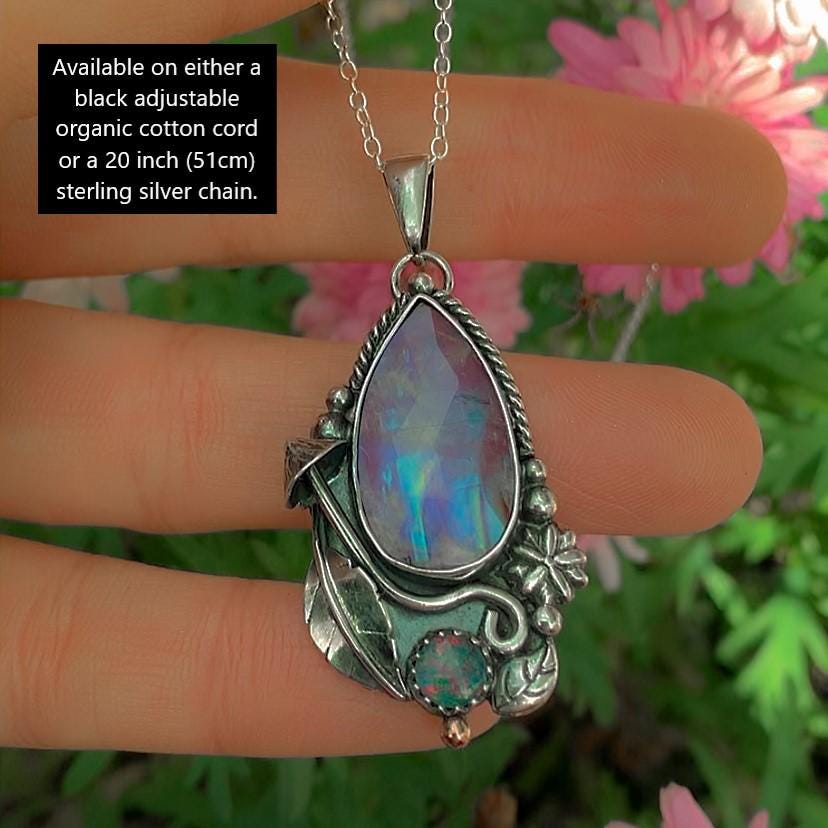 Australian Opal & Rose Cut Moonstone with Red Jasper Pendant- Sterling Silver - Pink Moonstone Pendant - Toadstool Flower Leaf Rainbow Opal