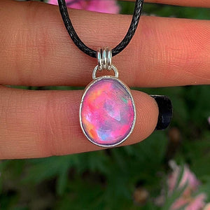 Rose Cut Clear Quartz & Aurora Opal Pendant- Sterling Silver - Dainty Pastel Rainbow Opal Pendant - Fairy Jewelry, Pink Purple Opal Necklace