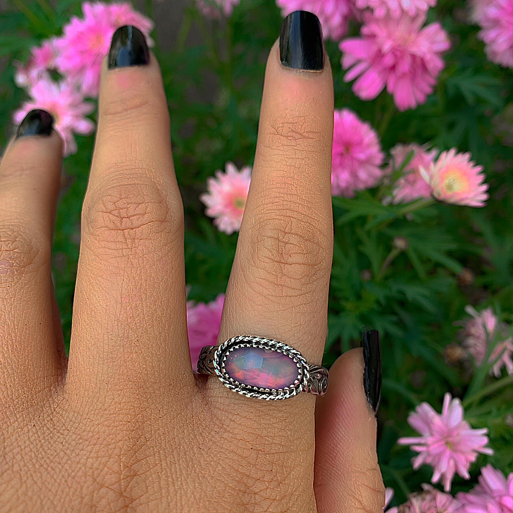 Rose Cut Clear Quartz & Aurora Opal Ring - Size 11 - Sterling Silver - Rainbow Opal Jewellery - Thick Floral Ring Band Rainbow Crystal