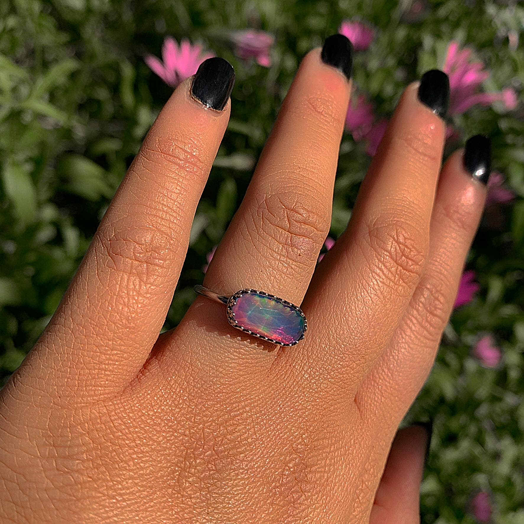 Rose Cut Clear Quartz & Aurora Opal Ring - Size 5 1/2 to 5 3/4 - Sterling Silver - Rainbow Crystal Jewellery - Handcrafted Crystal Ring