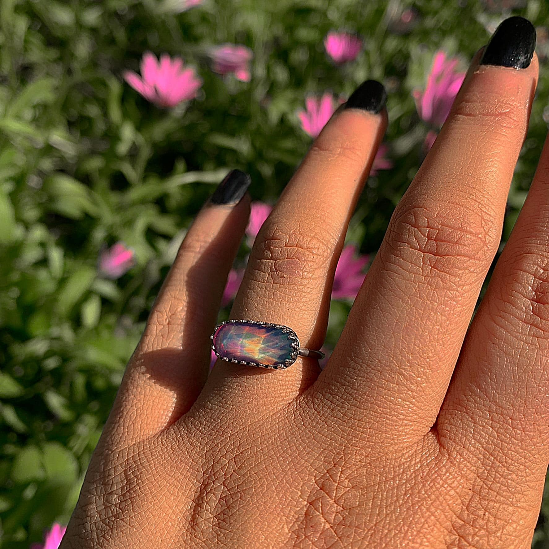 Rose Cut Clear Quartz & Aurora Opal Ring - Size 5 1/2 to 5 3/4 - Sterling Silver - Rainbow Crystal Jewellery - Handcrafted Crystal Ring