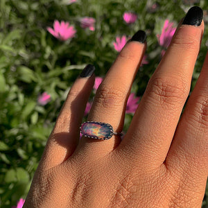 Rose Cut Clear Quartz & Aurora Opal Ring - Size 5 1/2 to 5 3/4 - Sterling Silver - Rainbow Crystal Jewellery - Handcrafted Crystal Ring