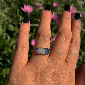 Rose Cut Clear Quartz & Aurora Opal Ring - Size 5 1/2 to 5 3/4 - Sterling Silver - Rainbow Crystal Jewellery - Handcrafted Crystal Ring