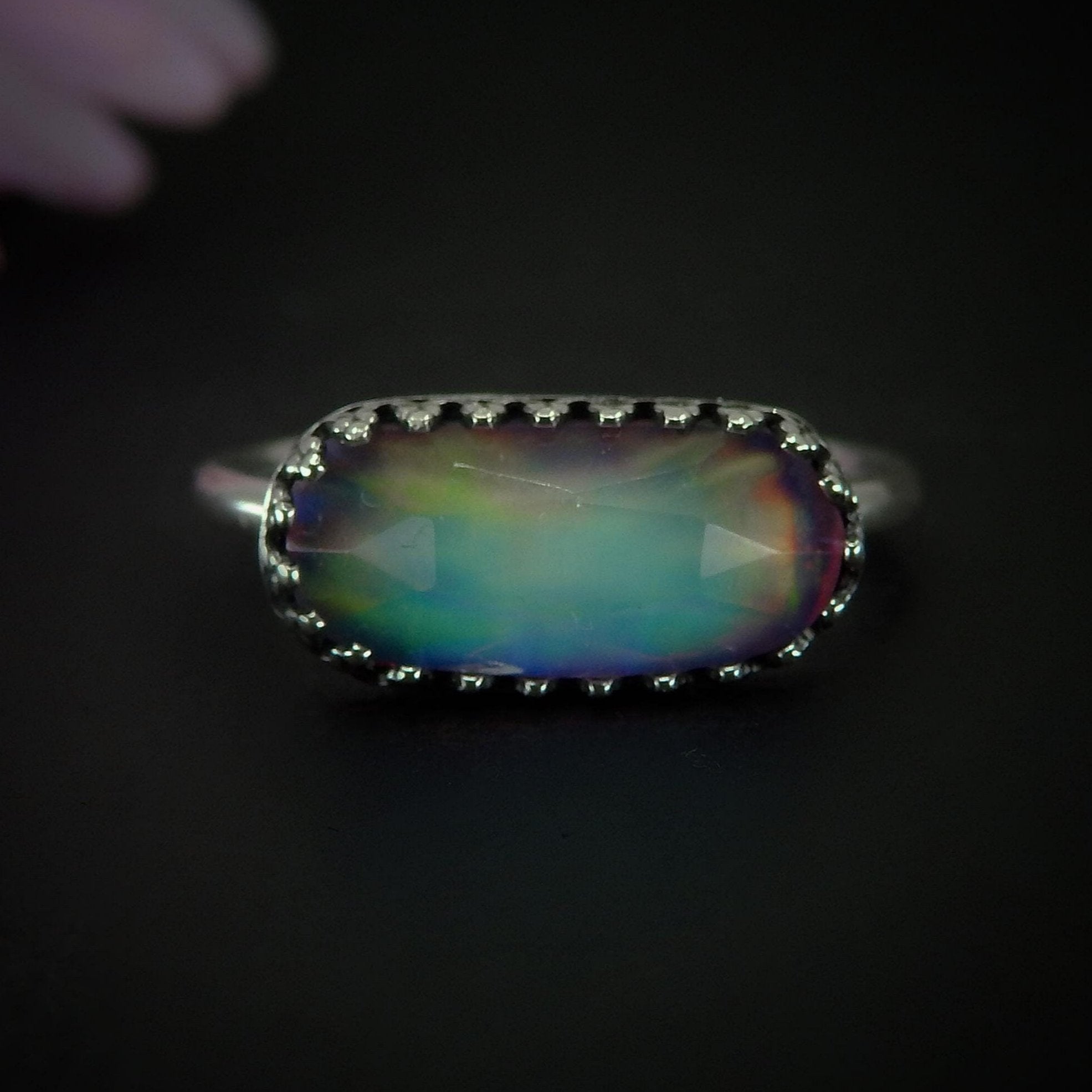 Rose Cut Clear Quartz & Aurora Opal Ring - Size 5 1/2 to 5 3/4 - Sterling Silver - Rainbow Crystal Jewellery - Handcrafted Crystal Ring