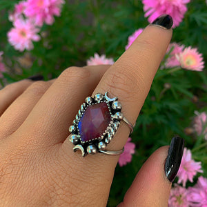 Rose Cut Moonstone & Red Jasper Ring - Size 8 1/4 - Sterling Silver - Pink Moonstone Ring - Moonstone Ring - Crescent Moon Ring Jewelry