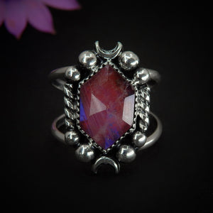 Rose Cut Moonstone & Red Jasper Ring - Size 8 1/4 - Sterling Silver - Pink Moonstone Ring - Moonstone Ring - Crescent Moon Ring Jewelry