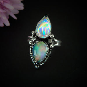 Angel Aura Quartz & Rose Cut Clear Quartz with Aurora Opal Ring - Size 7 to 7 1/4 - Sterling Silver, Rainbow Opal Jewelry, Crystal Star Ring