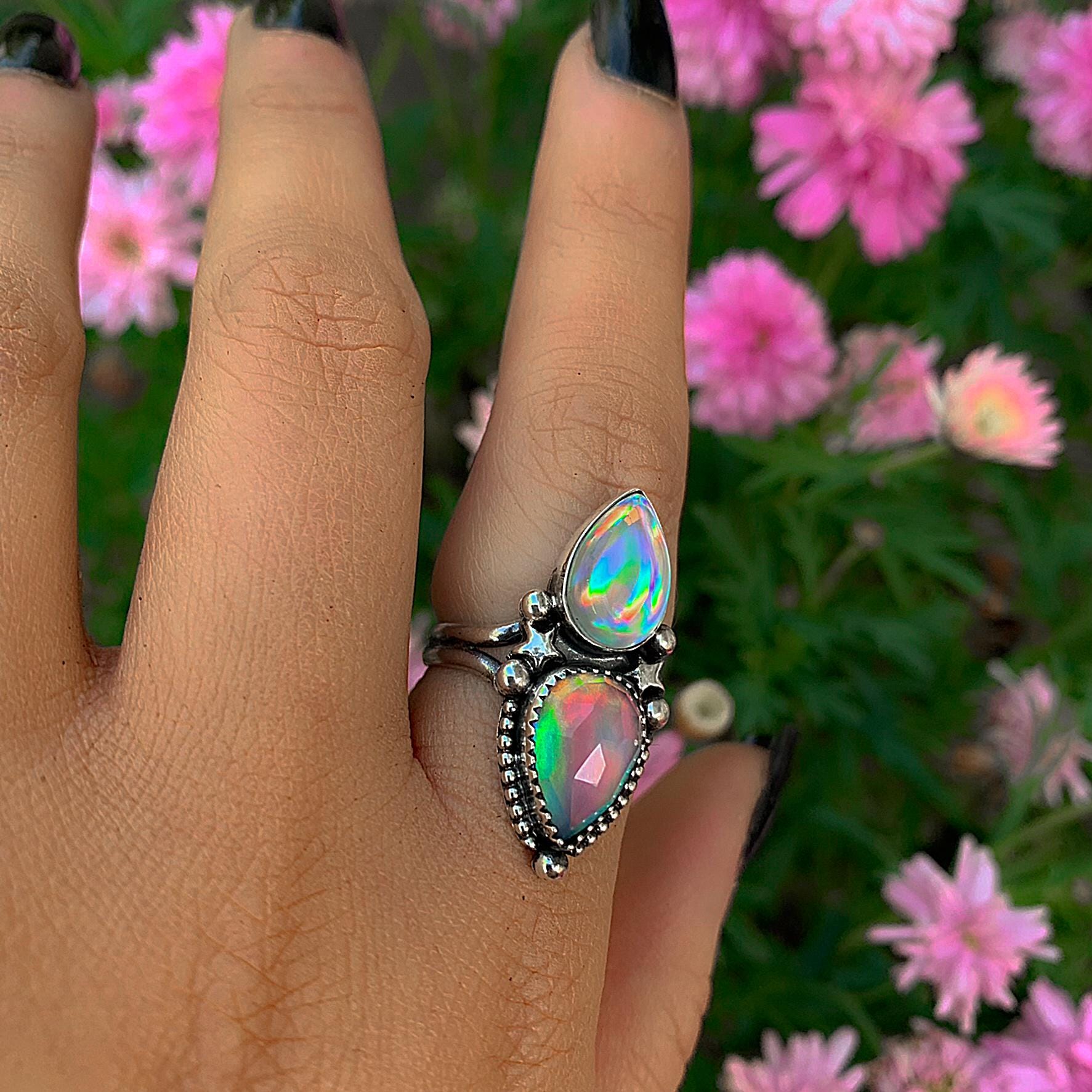Angel Aura Quartz & Rose Cut Clear Quartz with Aurora Opal Ring - Size 7 to 7 1/4 - Sterling Silver, Rainbow Opal Jewelry, Crystal Star Ring