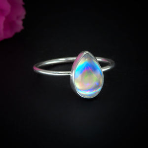 Angel Aura Quartz Ring - Size 11 - Sterling Silver - Rainbow Crystal Ring - Dainty Teardrop Aura Quartz Jewelry - Rainbow Gemstone Ring