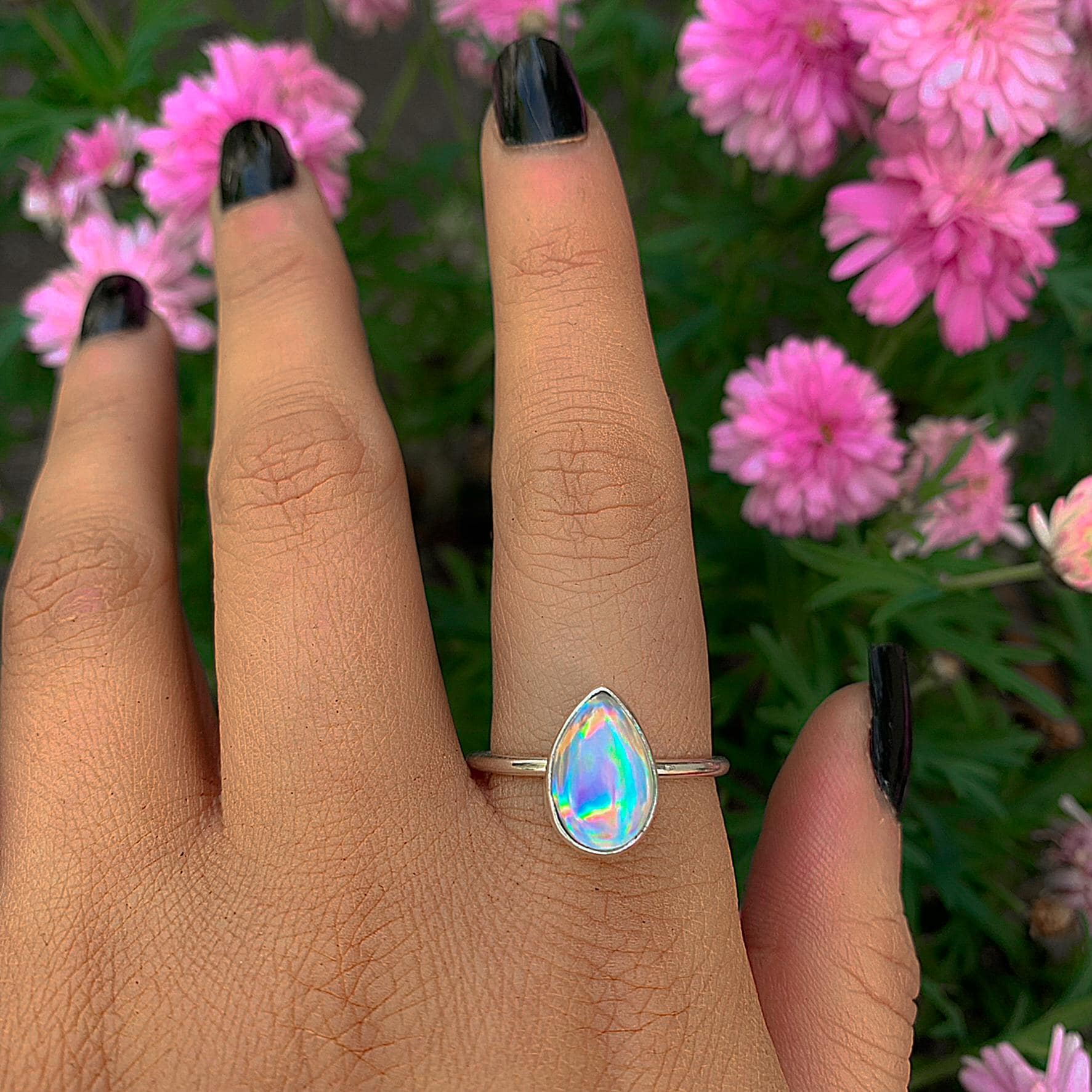 Angel Aura Quartz Ring - Size 11 - Sterling Silver - Rainbow Crystal Ring - Dainty Teardrop Aura Quartz Jewelry - Rainbow Gemstone Ring