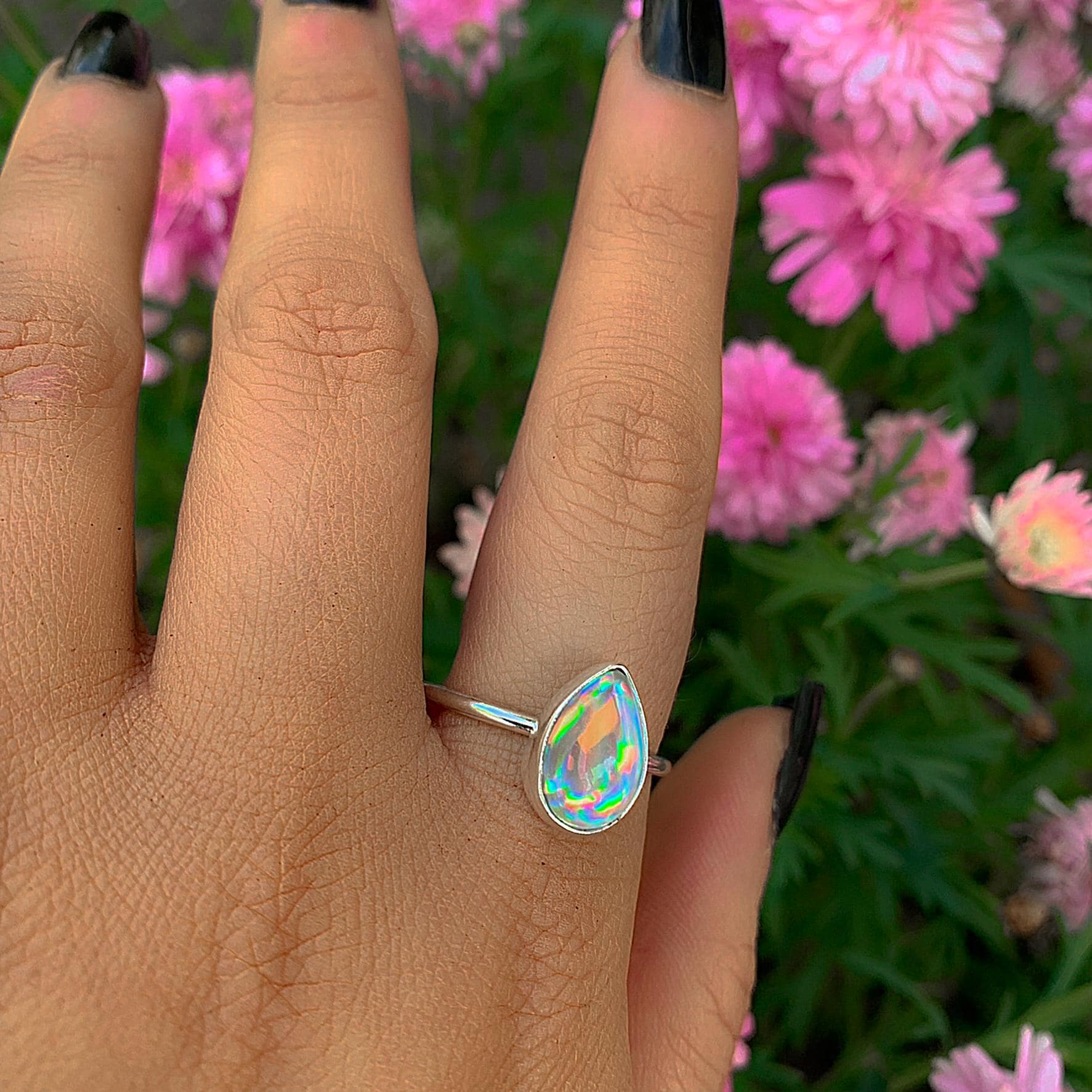 Angel Aura Quartz Ring - Size 11 - Sterling Silver - Rainbow Crystal Ring - Dainty Teardrop Aura Quartz Jewelry - Rainbow Gemstone Ring