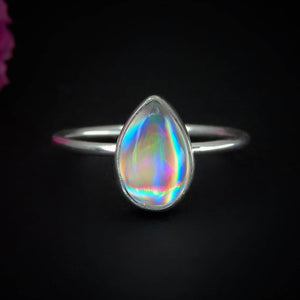 Angel Aura Quartz Ring - Size 11 - Sterling Silver - Rainbow Crystal Ring - Dainty Teardrop Aura Quartz Jewelry - Rainbow Gemstone Ring