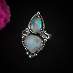 Faceted Moonstone & Rose Cut Clear Quartz with Aurora Opal Ring - Size 11 - Sterling Silver - Rainbow Opal Moon Ring - Aurora Opal Ring OOAK