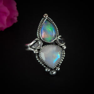 Faceted Moonstone & Rose Cut Clear Quartz with Aurora Opal Ring - Size 11 - Sterling Silver - Rainbow Opal Moon Ring - Aurora Opal Ring OOAK