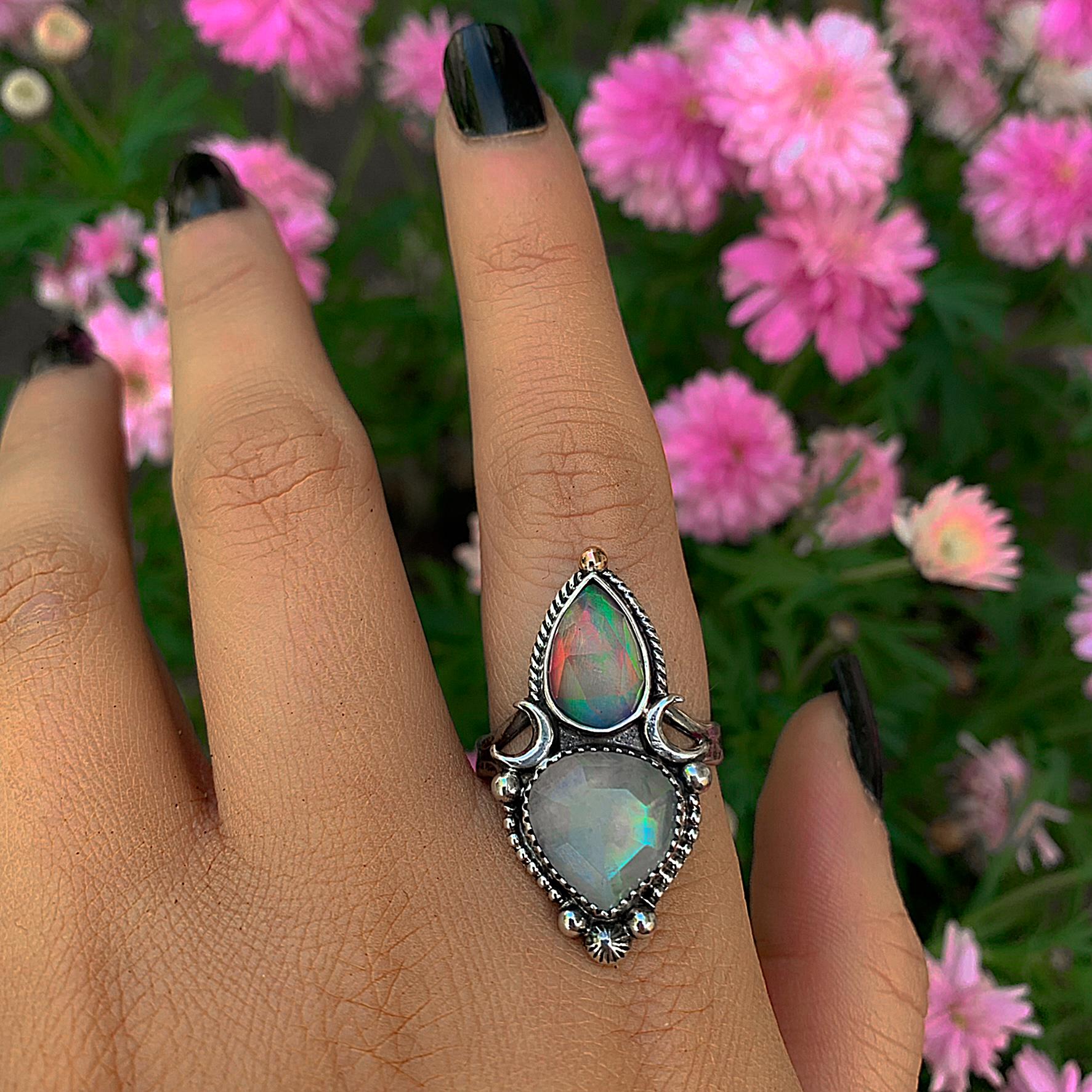 Faceted Moonstone & Rose Cut Clear Quartz with Aurora Opal Ring - Size 11 - Sterling Silver - Rainbow Opal Moon Ring - Aurora Opal Ring OOAK