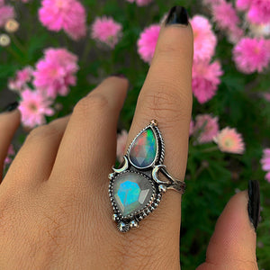Faceted Moonstone & Rose Cut Clear Quartz with Aurora Opal Ring - Size 11 - Sterling Silver - Rainbow Opal Moon Ring - Aurora Opal Ring OOAK