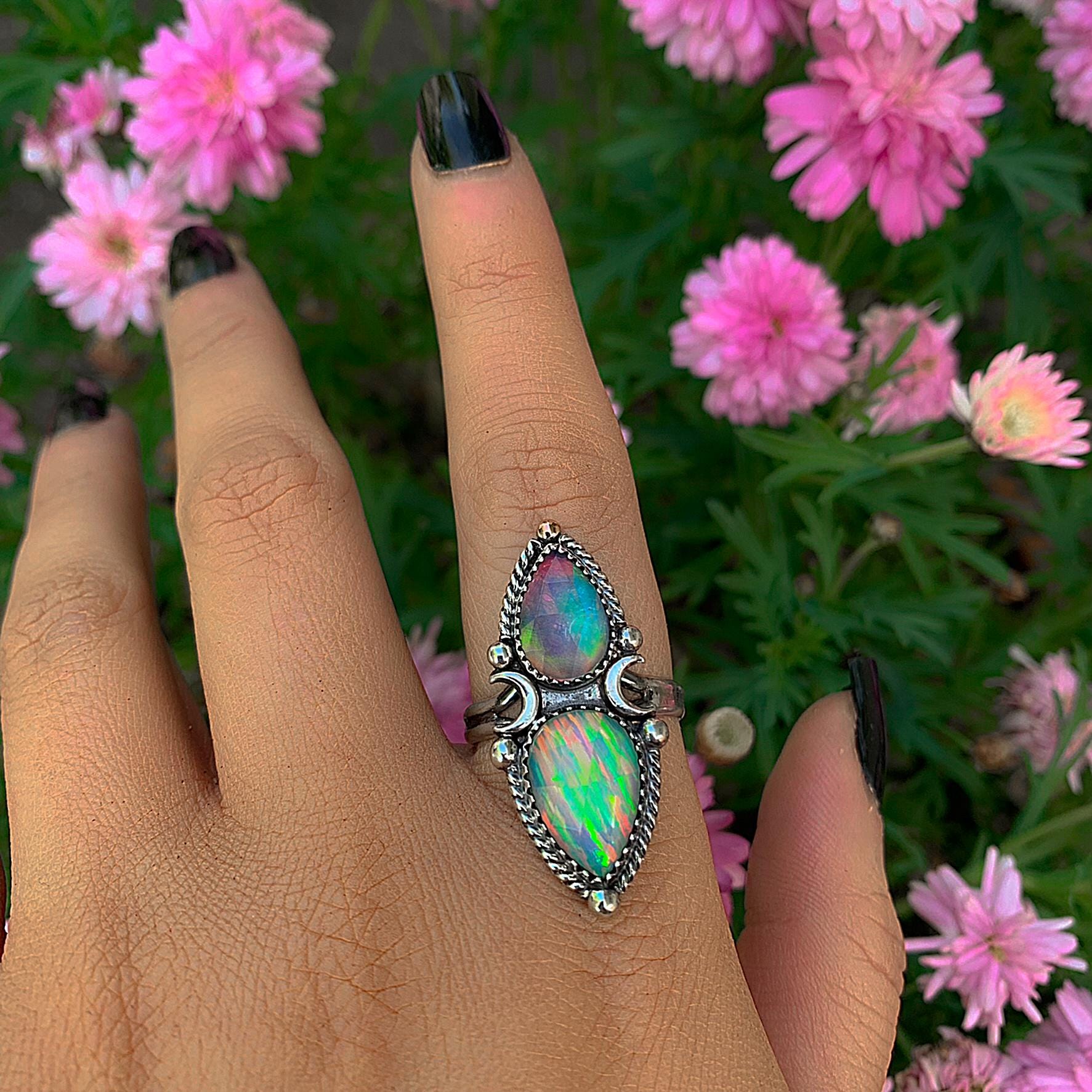 Rose Cut Clear Quartz with Aurora Opal Ring - Size 10 - Sterling Silver - Rainbow Opal Crescent Moon Ring - Aurora Opal Ring OOAK Celestial