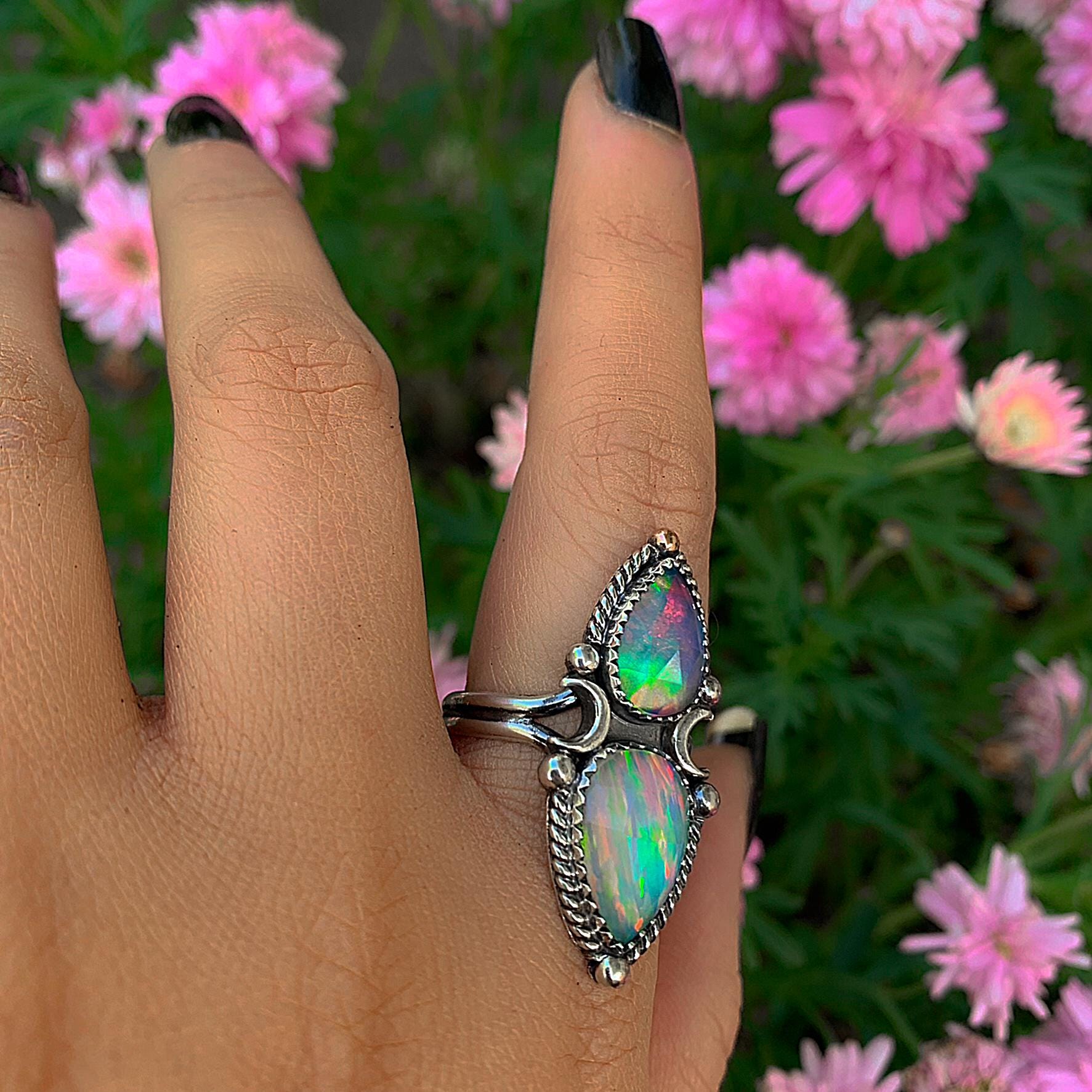 Rose Cut Clear Quartz with Aurora Opal Ring - Size 10 - Sterling Silver - Rainbow Opal Crescent Moon Ring - Aurora Opal Ring OOAK Celestial