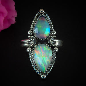 Rose Cut Clear Quartz with Aurora Opal Ring - Size 10 - Sterling Silver - Rainbow Opal Crescent Moon Ring - Aurora Opal Ring OOAK Celestial
