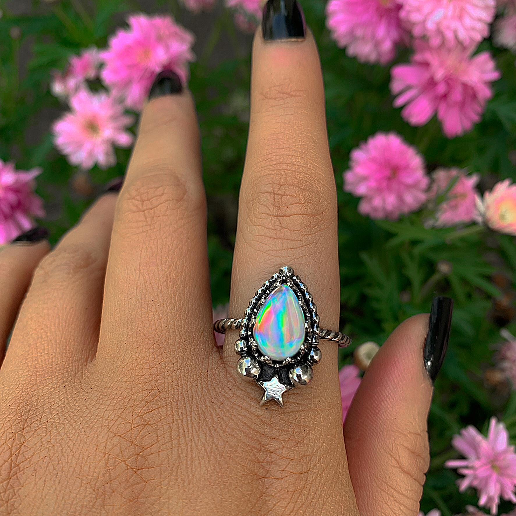 Angel Aura Quartz Ring - Size 12 - Sterling Silver - Angel Aura Quartz Star Ring - Teardrop Aura Quartz Jewelry Ring - Rainbow Crystal OOAK