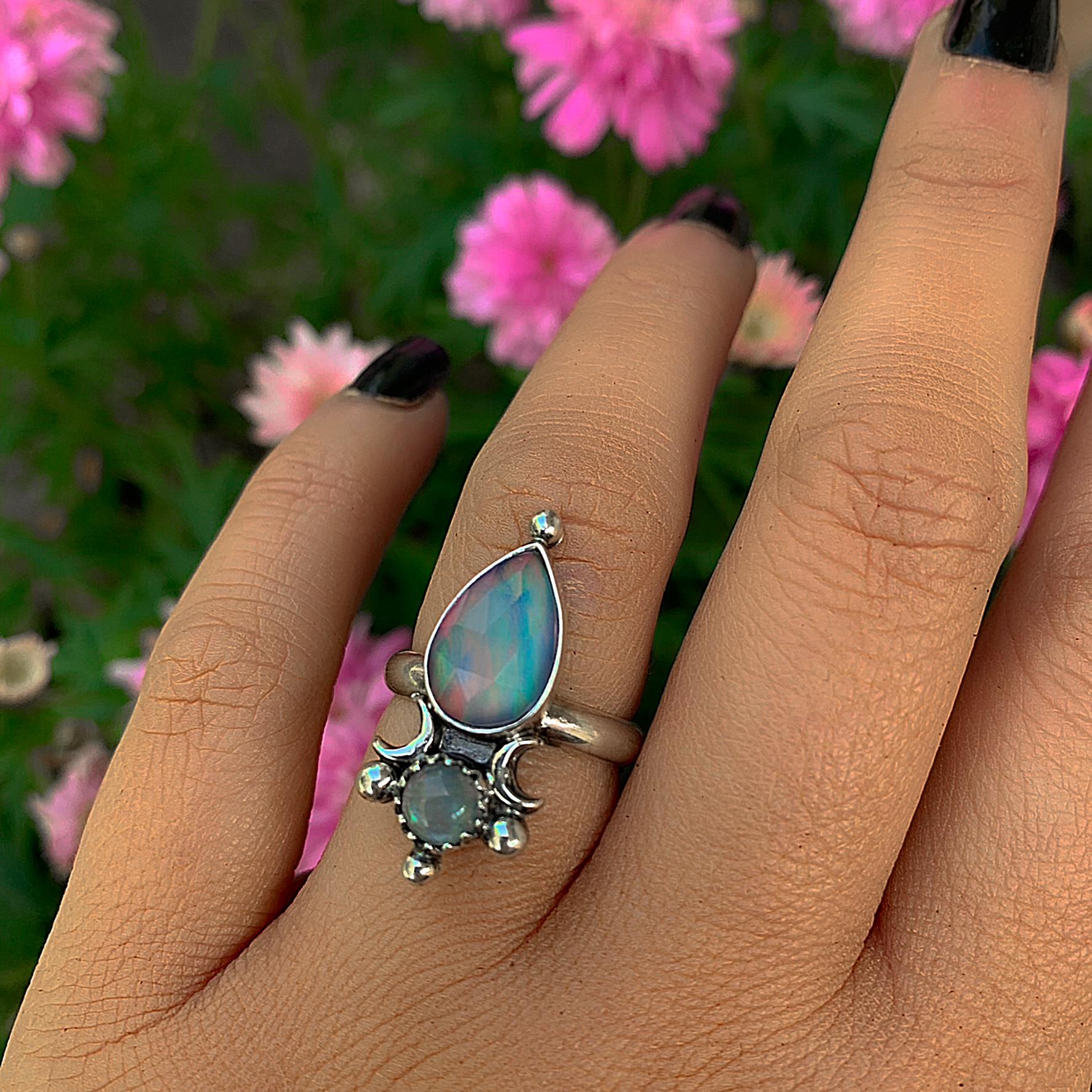 Rose Cut Clear Quartz with Aurora Opal & Moonstone Ring - Size 6 1/4 to 6 1/2 - Sterling Silver - Rainbow Opal Moon Ring - Aurora Opal Ring