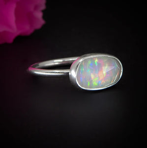 Rose Cut Clear Quartz & Aurora Opal Ring - Size 4 - Sterling Silver - Rainbow Crystal Jewellery - Handcrafted Crystal Ring, Pastel Opal OOAK