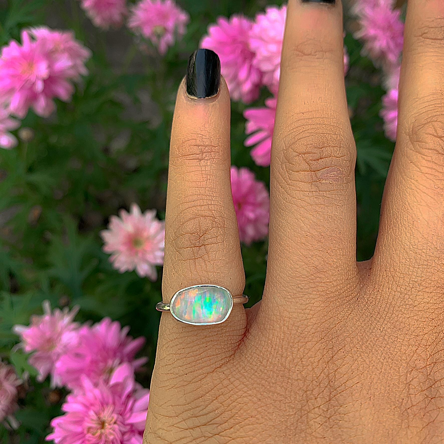Rose Cut Clear Quartz & Aurora Opal Ring - Size 4 - Sterling Silver - Rainbow Crystal Jewellery - Handcrafted Crystal Ring, Pastel Opal OOAK