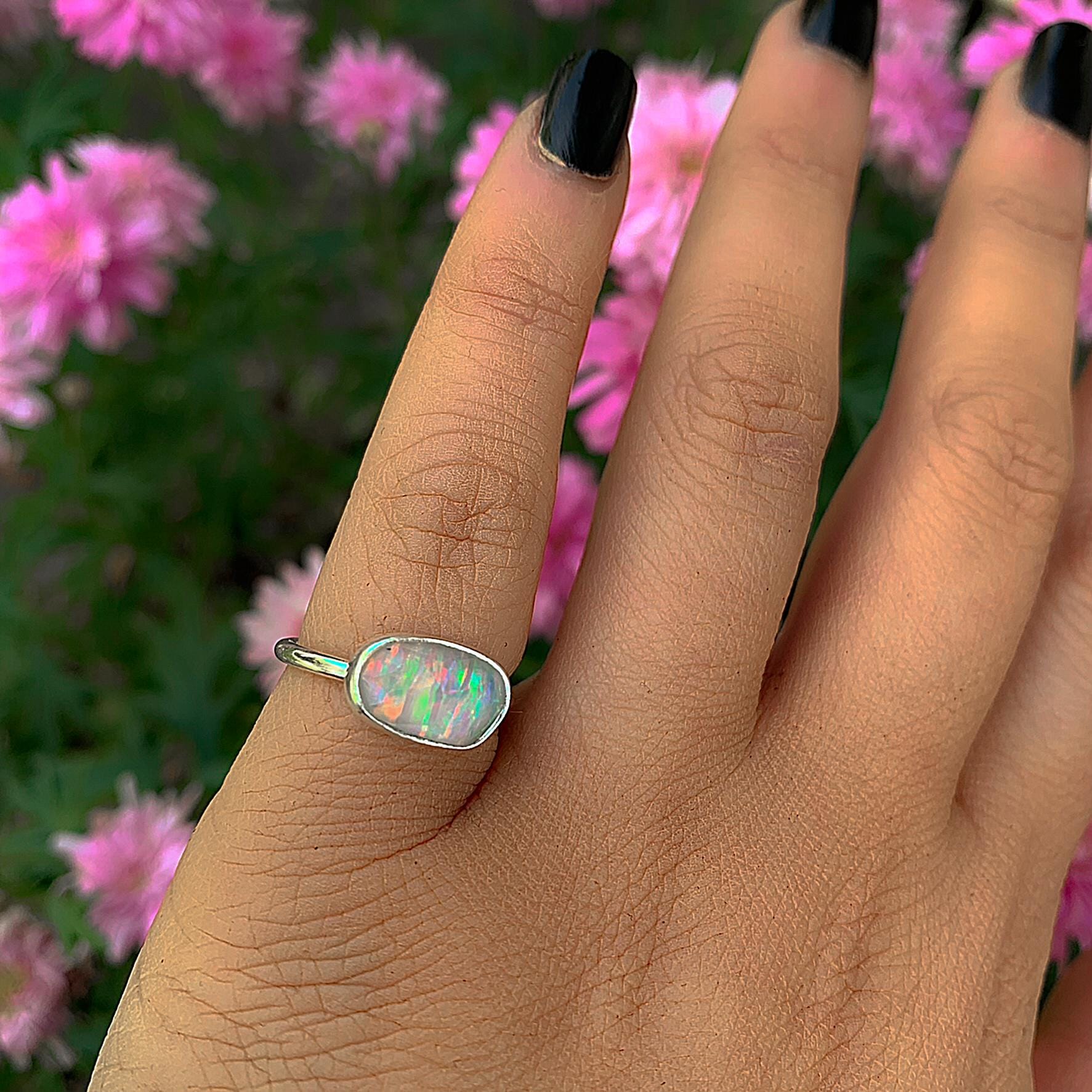 Rose Cut Clear Quartz & Aurora Opal Ring - Size 4 - Sterling Silver - Rainbow Crystal Jewellery - Handcrafted Crystal Ring, Pastel Opal OOAK