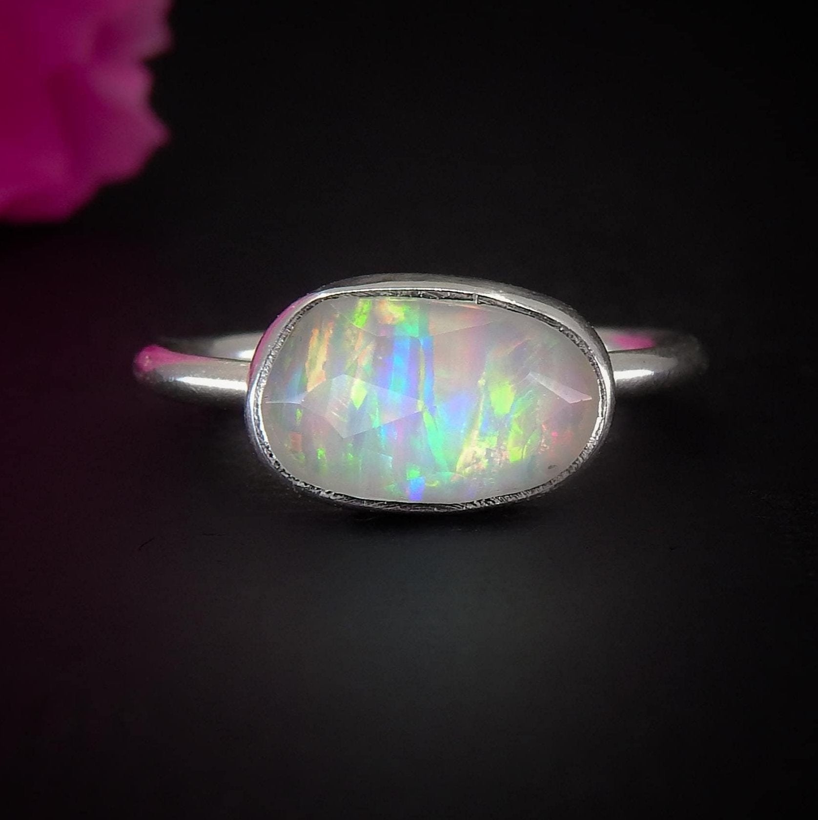 Rose Cut Clear Quartz & Aurora Opal Ring - Size 4 - Sterling Silver - Rainbow Crystal Jewellery - Handcrafted Crystal Ring, Pastel Opal OOAK