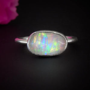 Rose Cut Clear Quartz & Aurora Opal Ring - Size 4 - Sterling Silver - Rainbow Crystal Jewellery - Handcrafted Crystal Ring, Pastel Opal OOAK