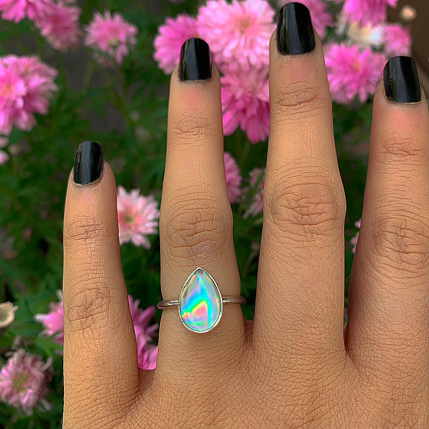 Angel Aura Quartz Ring - Size 6 - Sterling Silver - Rainbow Crystal Ring - Dainty Teardrop Aura Quartz Jewelry - Rainbow Gemstone Ring OOAK