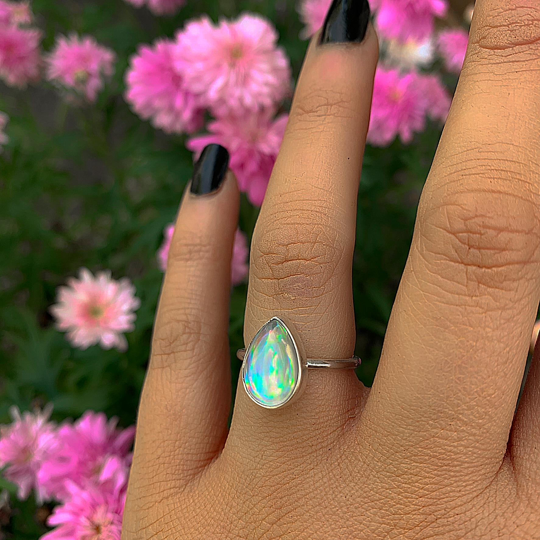 Angel Aura Quartz Ring - Size 6 - Sterling Silver - Rainbow Crystal Ring - Dainty Teardrop Aura Quartz Jewelry - Rainbow Gemstone Ring OOAK