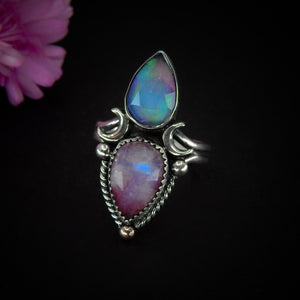 Rose Cut Clear Quartz with Aurora Opal & Rose Cut Moonstone with Red Jasper Ring - Size 8 1/4 - Sterling Silver - Rainbow Opal Moon Ring