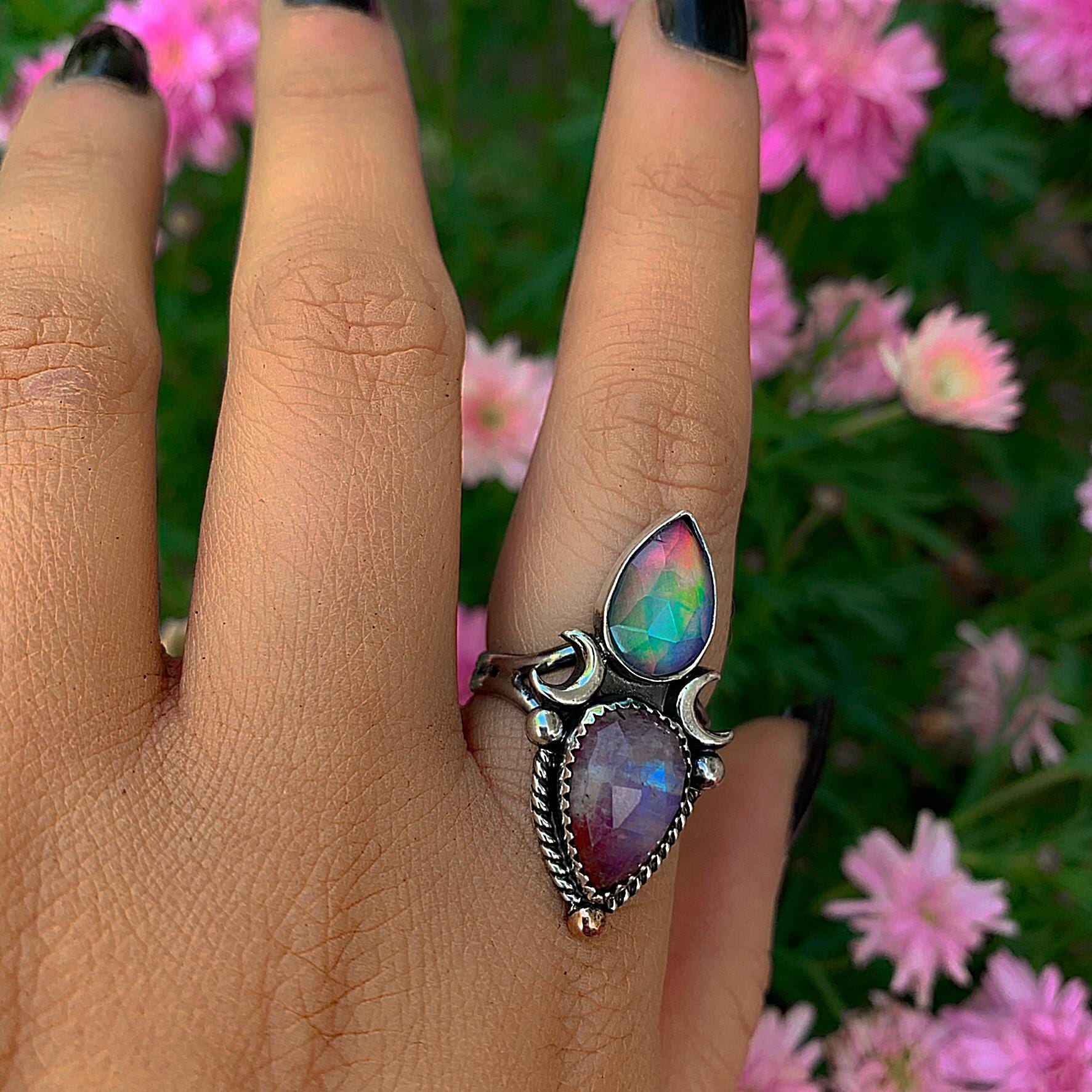 Rose Cut Clear Quartz with Aurora Opal & Rose Cut Moonstone with Red Jasper Ring - Size 8 1/4 - Sterling Silver - Rainbow Opal Moon Ring