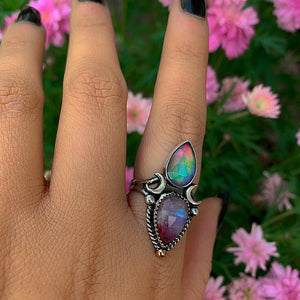 Rose Cut Clear Quartz with Aurora Opal & Rose Cut Moonstone with Red Jasper Ring - Size 8 1/4 - Sterling Silver - Rainbow Opal Moon Ring
