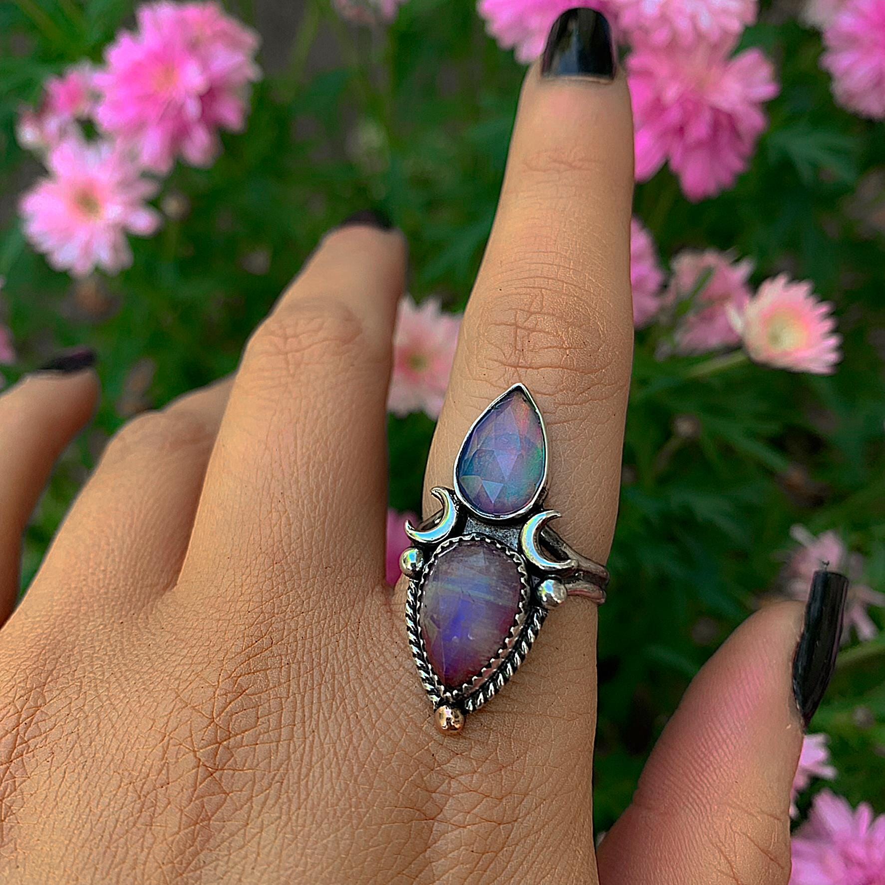 Rose Cut Clear Quartz with Aurora Opal & Rose Cut Moonstone with Red Jasper Ring - Size 8 1/4 - Sterling Silver - Rainbow Opal Moon Ring