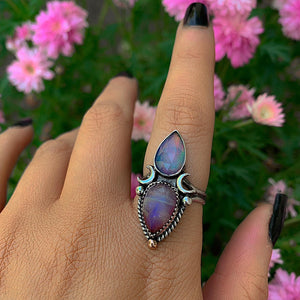 Rose Cut Clear Quartz with Aurora Opal & Rose Cut Moonstone with Red Jasper Ring - Size 8 1/4 - Sterling Silver - Rainbow Opal Moon Ring