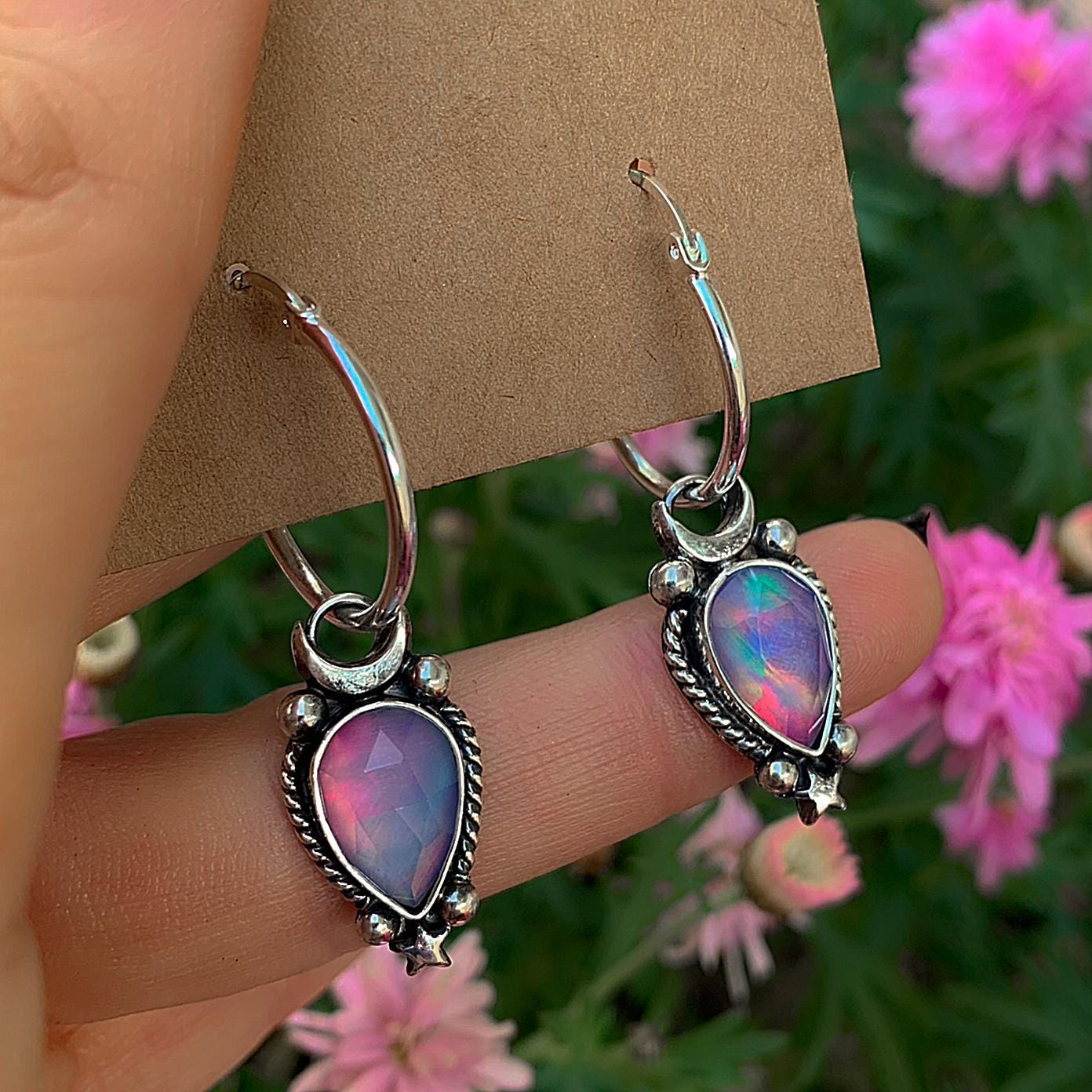 Rose Cut Clear Quartz with Aurora Opal Earrings - Sterling Silver, Pastel Rainbow Opal Crescent Moon Earrings, Rainbow Crystal Stone Dangles