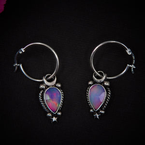 Rose Cut Clear Quartz with Aurora Opal Earrings - Sterling Silver, Pastel Rainbow Opal Crescent Moon Earrings, Rainbow Crystal Stone Dangles
