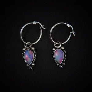 Rose Cut Clear Quartz with Aurora Opal Earrings - Sterling Silver, Pastel Rainbow Opal Crescent Moon Earrings, Rainbow Crystal Stone Dangles