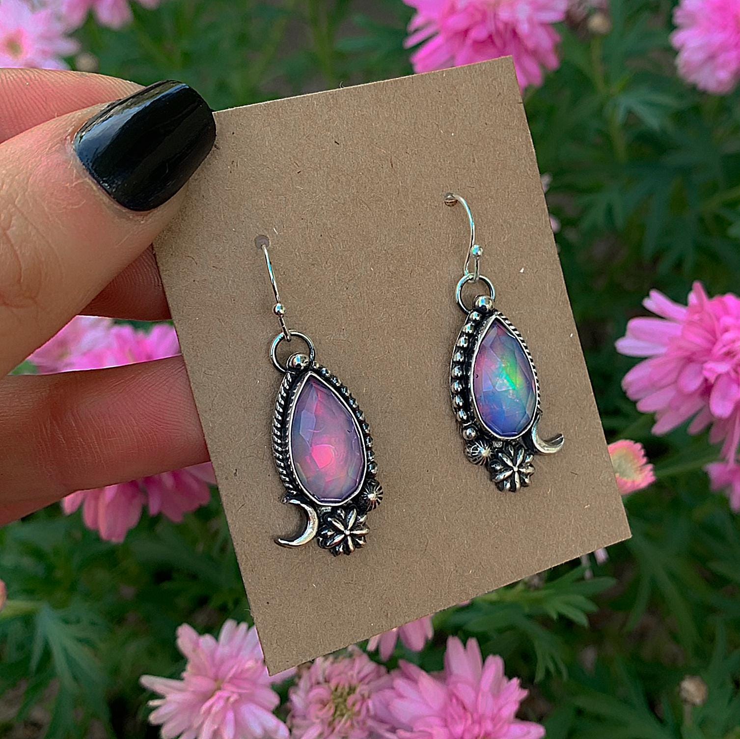 Rose Cut Clear Quartz with Aurora Opal Flower Earrings - Sterling Silver - Pastel Rainbow Opal Moon Earrings - Rainbow Crystal Stone Dangles