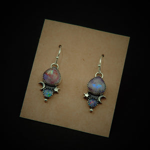 Australian Opal & Rose Cut Moonstone with Red Jasper Earrings - Sterling Silver - Pink Moonstone Earrings - Rainbow Opal Earrings Moon Star