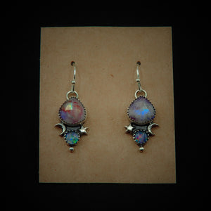 Australian Opal & Rose Cut Moonstone with Red Jasper Earrings - Sterling Silver - Pink Moonstone Earrings - Rainbow Opal Earrings Moon Star