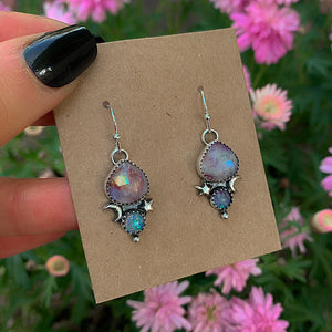 Australian Opal & Rose Cut Moonstone with Red Jasper Earrings - Sterling Silver - Pink Moonstone Earrings - Rainbow Opal Earrings Moon Star