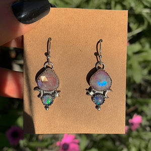 Australian Opal & Rose Cut Moonstone with Red Jasper Earrings - Sterling Silver - Pink Moonstone Earrings - Rainbow Opal Earrings Moon Star